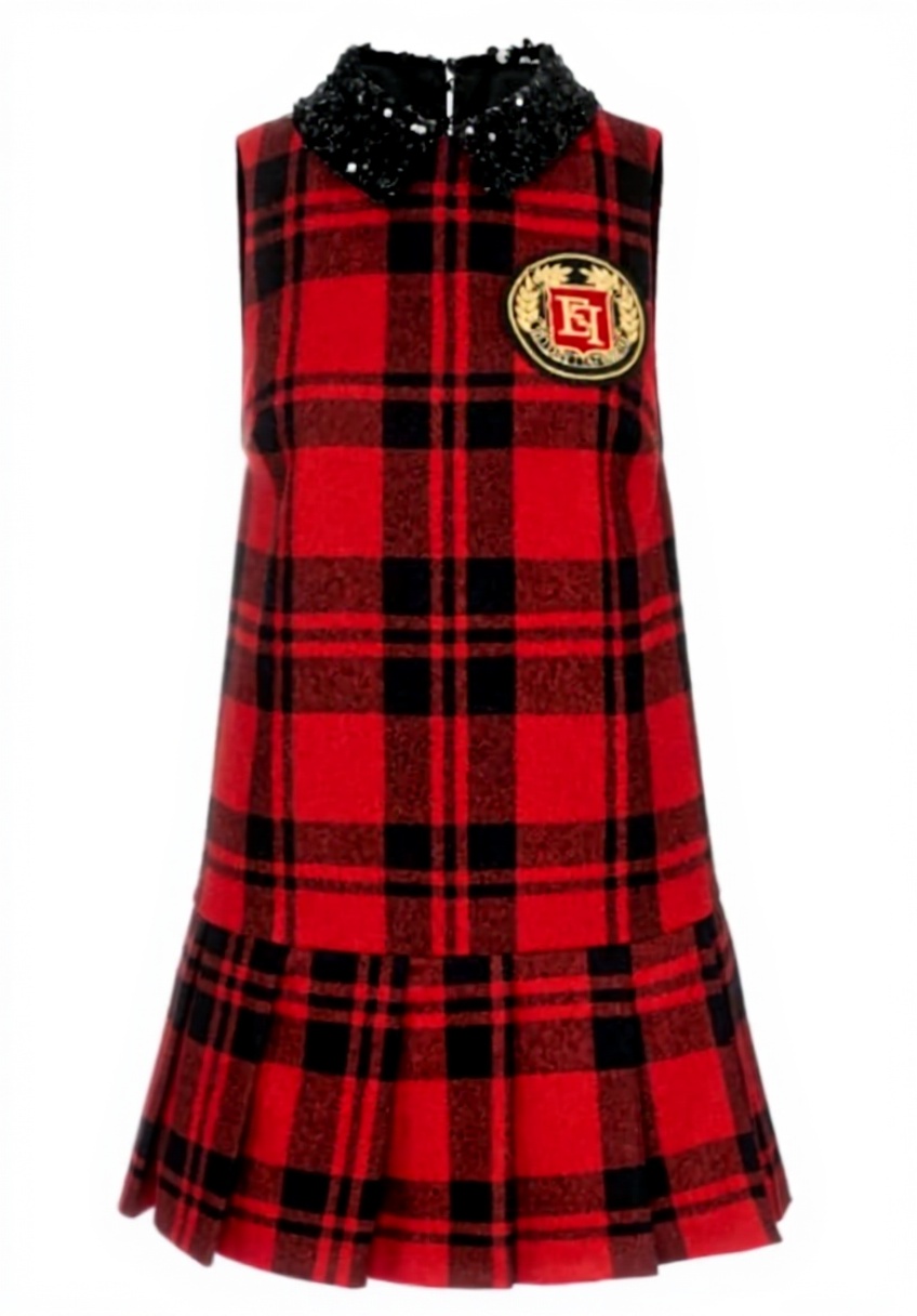 Miniabito in lana tartan rosso Elisabetta Franchi con patch ricamato