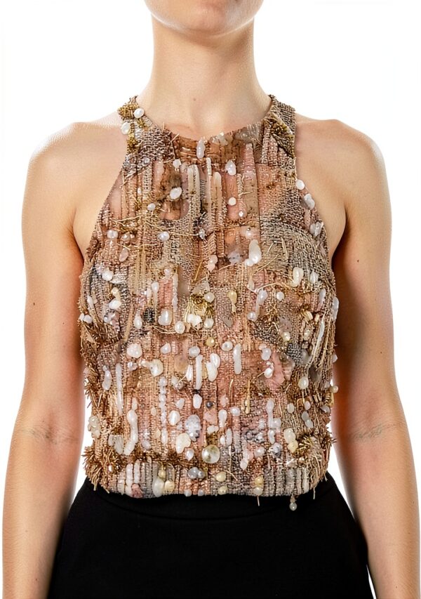 Elisabetta Franchi Top Cropped Tulle Frange Perline