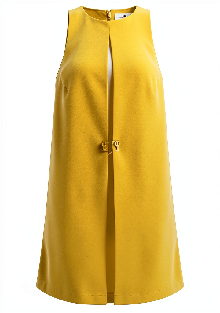 Elisabetta Franchi Abito Mini in crêpe Curry Bicolore indossato in un setting elegante