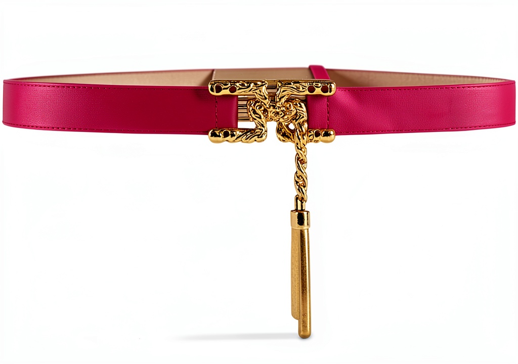 Cintura Elisabetta Franchi fuxia con pon pon e catena su sfondo neutro