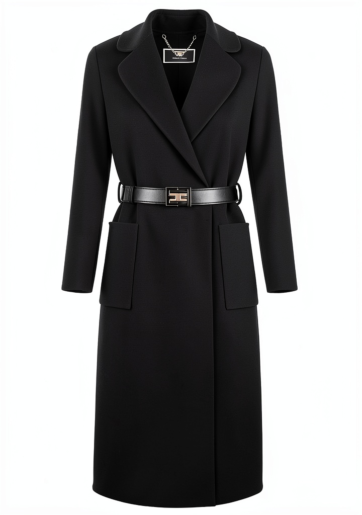 Elisabetta Franchi cappotto nero indossato in un contesto urbano