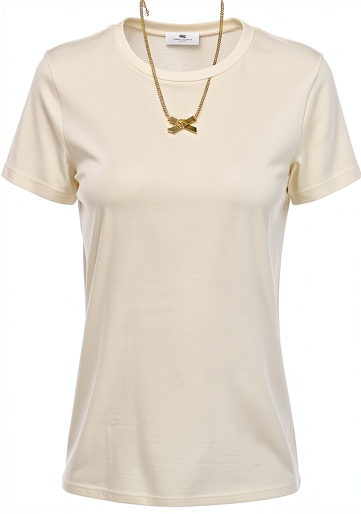 Installing Elisabetta Franchi T-Shirt Jersey Collana Fiocco Donna on a wooden desk