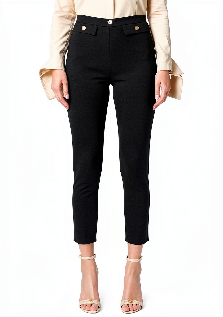 Pantalone dritto Elisabetta Franchi crêpe stretch rivetto indossato in un contesto urbano