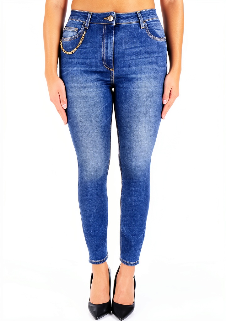 Jeans Skinny Elisabetta Franchi Catena Blu Denim Donna indossati in città, con sfondo di edifici moderni